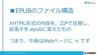Copyright © Gijyutsu Hyoron Co, Ltd. All Rights Reserved.
■EPUBのファイル構造
XHTML形式の内容を、ZIPで圧縮し、
拡張子を.epubに変えたもの
つまり、中身はWebページに...