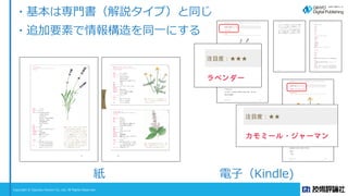 Copyright © Gijyutsu Hyoron Co, Ltd. All Rights Reserved.
紙 電子（Kindle)
・基本は専門書（解説タイプ）と同じ
・追加要素で情報構造を同一にする
 