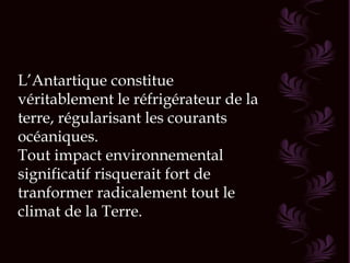 L’Antartique constitue
véritablement le réfrigérateur de la
terre, régularisant les courants
océaniques.
Tout impact environnemental
significatif risquerait fort de
tranformer radicalement tout le
climat de la Terre.
 