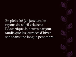 En plein été (en janvier), les
rayons du soleil éclairent
l’Antartique 24 heures par jour,
tandis que les journées d’hiver
sont dans une longue pénombre.
 