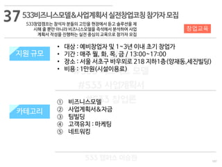 107
533 캠퍼스
#533 비즈니스 모델
#533 사업계획서
#533 창업론
533 캠퍼스 이승원
533비즈니스모델&사업계획서실전창업코칭참가자모집
533창업캠프는 참석자 분들의 고민을 현장에서 듣고 솔루션을 제
시해 줄 뿐만 아니라 비즈니스모델을 즉석에서 분석하여 사업
계획서 작성을 진행하는 실전 중심의 교육으로 참가자 모집
지원 규모
지원 내용
지원 규모
카테고리
• 대상 : 예비창업자 및 1~3년 이내 초기 창업가
• 기간 : 매주 월, 화, 목, 금 / 13:00~17:00
• 장소 : 서울 서초구 바우뫼로 218 지하1층(양재동,세진빌딩)
• 비용 : 1만원(시설이용료)
37
창업교육
① 비즈니스모델
② 사업계획서&자금
③ 팀빌딩
④ 고객유치 : 마케팅
⑤ 네트워킹
 