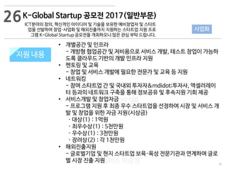 76
533 캠퍼스
#533 비즈니스 모델
#533 사업계획서
#533 창업론
533 캠퍼스 이승원
ICT분야의 창의, 혁신적인 아이디어 및 기술을 보유한 예비창업자 및 스타트
업을 선발하여 창업·사업화 및 해외진출까지 지원하는 스타트업 지원 프로
그램 K-Global Startup 공모전을 개최하오니 많은 관심 부탁 드립니다.
지원 규모지원 내용
• 개별공간 및 인프라
- 개방형 협업공간 및 저비용으로 서비스 개발, 테스트 창업이 가능하
도록 클라우드 기반의 개발 인프라 지원
• 멘토링 및 교육
- 창업 및 서비스 개발에 필요한 전문가 및 교육 등 지원
• 네트워킹
- 참여 스타트업 간 및 국내외 투자자&mdidot;투자사, 액셀러레이
터 등과의 네트워크 구축을 통해 정보공유 및 후속지원 기회 제공
• 서비스개발 및 창업자금
- 프로그램 지원 후 최종 우수 스타트업을 선정하여 시장 및 서비스 개
발 및 창업을 위한 자금 지원(시상금)
· 대상(1) : 1억원
· 최우수상(1) : 5천만원
· 우수상(1) : 3천만원
· 장려상(2) : 각 1천만원
• 해외진출지원
- 글로벌기업 및 현지 스타트업 보육·육성 전문기관과 연계하여 글로
벌 시장 진출 지원
26
사업화
K-Global Startup 공모전 2017(일반부문)
 