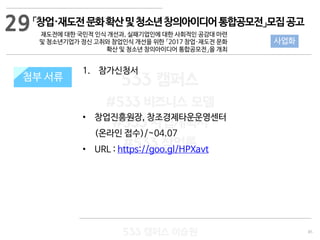 85
533 캠퍼스
#533 비즈니스 모델
#533 사업계획서
#533 창업론
533 캠퍼스 이승원
첨부 서류
1. 참가신청서
• 창업진흥원장, 창조경제타운운영센터
(온라인 접수)/~04.07
• URL : https://goo.gl/HPXavt
첨부 서류
29
사업화
「창업·재도전문화확산및청소년창의아이디어통합공모전」모집공고
재도전에 대한 국민적 인식 개선과, 실패기업인에 대한 사회적인 공감대 마련
및 청소년기업가 정신 고취와 창업인식 개선을 위한 「2017 창업·재도전 문화
확산 및 청소년 창의아이디어 통합공모전」을 개최
 