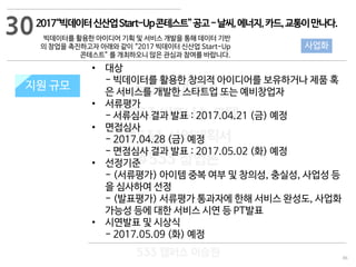 86
533 캠퍼스
#533 비즈니스 모델
#533 사업계획서
#533 창업론
533 캠퍼스 이승원
2017“빅데이터신산업Start-Up콘테스트”공고-날씨,에너지,카드,교통이만나다.
빅데이터를 활용한 아이디어 기획 및 서비스 개발을 통해 데이터 기반
의 창업을 촉진하고자 아래와 같이 “2017 빅데이터 신산업 Start-Up
콘테스트” 를 개최하오니 많은 관심과 참여를 바랍니다.
지원 규모지원 규모
• 대상
- 빅데이터를 활용한 창의적 아이디어를 보유하거나 제품 혹
은 서비스를 개발한 스타트업 또는 예비창업자
• 서류평가
- 서류심사 결과 발표 : 2017.04.21 (금) 예정
• 면접심사
- 2017.04.28 (금) 예정
- 면점심사 결과 발표 : 2017.05.02 (화) 예정
• 선정기준
- (서류평가) 아이템 중복 여부 및 창의성, 충실성, 사업성 등
을 심사하여 선정
- (발표평가) 서류평가 통과자에 한해 서비스 완성도, 사업화
가능성 등에 대한 서비스 시연 등 PT발표
• 시연발표 및 시상식
- 2017.05.09 (화) 예정
30
사업화
 