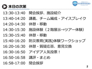 本日の次第
13:30-13:40 開会挨拶、施設紹介
13:40-14:20 講義、チーム編成・アイスブレイク
14:20-14:30 休憩・移動
14:30-15:30 施設体験（２階展示→ツアー体験）
15:30-15:40 休憩・移動
...
