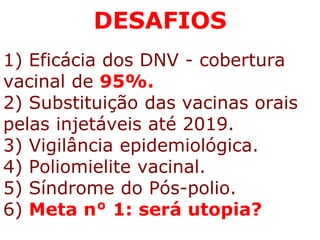 Programa de Capacitação dos Instrutores Distritais | 8
1) Eficácia dos DNV - cobertura
vacinal de 95%.
2) Substituição das vacinas orais
pelas injetáveis até 2019.
3) Vigilância epidemiológica.
4) Poliomielite vacinal.
5) Síndrome do Pós-polio.
6) Meta n° 1: será utopia?
DESAFIOS
 