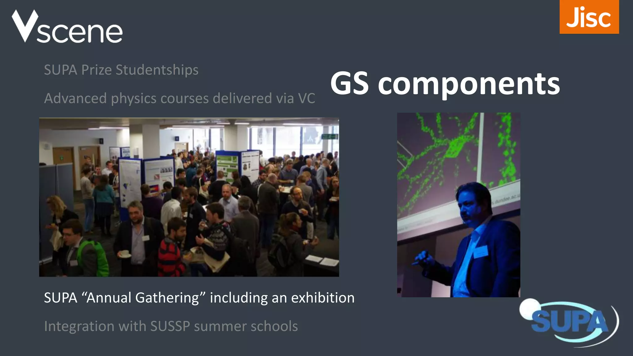 GS components
SUPA Prize Studentships
Advanced physics courses delivered via VC
“My.SUPA” web portal
Induction, careers and outreach events
Research seminars and colloquia
Distinguished Visitor programme
Exchanges
Industry placements
SUPA “Annual Gathering” including an exhibition
Integration with SUSSP summer schools
 