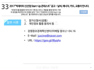 101
533 캠퍼스
#533 비즈니스 모델
#533 사업계획서
#533 창업론
533 캠퍼스 이승원
첨부 서류
1. 참가신청서(공통)
2. 개인정보 활용 동의서 등
• 강원창조경제혁신센터(이메일 접수)/~04.16
• E-Mail : juccine@naver.com
• URL : https://goo.gl/8lyqAo
첨부 서류
33
사업화
2017“빅데이터신산업Start-Up콘테스트”공고-날씨,에너지,카드,교통이만나다.
빅데이터를 활용한 아이디어 기획 및 서비스 개발을 통해 데이터 기반
의 창업을 촉진하고자 아래와 같이 “2017 빅데이터 신산업 Start-Up
콘테스트” 를 개최하오니 많은 관심과 참여를 바랍니다.
 