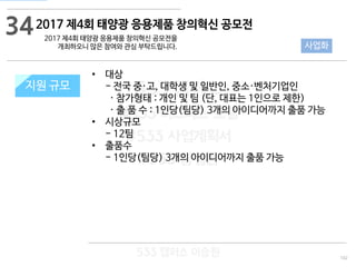 102
533 캠퍼스
#533 비즈니스 모델
#533 사업계획서
#533 창업론
533 캠퍼스 이승원
2017 제4회 태양광 응용제품 창의혁신 공모전
2017 제4회 태양광 응용제품 창의혁신 공모전을
개최하오니 많은 참여와 관심 부탁드립니다.
지원 규모지원 규모
• 대상
- 전국 중·고, 대학생 및 일반인, 중소·벤처기업인
· 참가형태 : 개인 및 팀 (단, 대표는 1인으로 제한)
· 출 품 수 : 1인당(팀당) 3개의 아이디어까지 출품 가능
• 시상규모
- 12팀
• 출품수
- 1인당(팀당) 3개의 아이디어까지 출품 가능
34
사업화
 