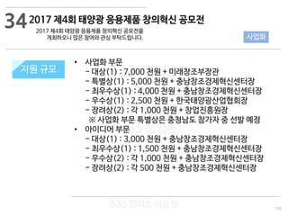 103
533 캠퍼스
#533 비즈니스 모델
#533 사업계획서
#533 창업론
533 캠퍼스 이승원
2017 제4회 태양광 응용제품 창의혁신 공모전
지원 규모지원 규모
• 사업화 부문
- 대상(1) : 7,000 천원 + 미래창조부장관
- 특별상(1) : 5,000 천원 + 충남창조경제혁신센터장
- 최우수상(1) : 4,000 천원 + 충남창조경제혁신센터장
- 우수상(1) : 2,500 천원 + 한국태양광산업협회장
- 장려상(2) : 각 1,000 천원 + 창업진흥원장
※ 사업화 부문 특별상은 충청남도 참가자 중 선발 예정
• 아이디어 부문
- 대상(1) : 3,000 천원 + 충남창조경제혁신센터장
- 최우수상(1) : 1,500 천원 + 충남창조경제혁신센터장
- 우수상(2) : 각 1,000 천원 + 충남창조경제혁신센터장
- 장려상(2) : 각 500 천원 + 충남창조경제혁신센터장
34
사업화
2017 제4회 태양광 응용제품 창의혁신 공모전을
개최하오니 많은 참여와 관심 부탁드립니다.
 