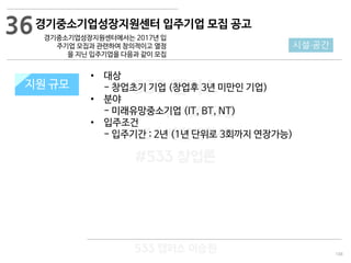 108
533 캠퍼스
#533 비즈니스 모델
#533 사업계획서
#533 창업론
533 캠퍼스 이승원
경기중소기업성장지원센터 입주기업 모집 공고
경기중소기업성장지원센터에서는 2017년 입
주기업 모집과 관련하여 창의적이고 열정
을 지닌 입주기업을 다음과 같이 모집
지원 규모지원 규모
36
시설·공간
• 대상
- 창업초기 기업 (창업후 3년 미만인 기업)
• 분야
- 미래유망중소기업 (IT, BT, NT)
• 입주조건
- 입주기간 : 2년 (1년 단위로 3회까지 연장가능)
 