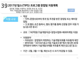 116
533 캠퍼스
#533 비즈니스 모델
#533 사업계획서
#533 창업론
533 캠퍼스 이승원
2017년 팁스(TIPS) 프로그램 창업팀 지원계획
글로벌 진출을 지향하는 창업팀 육성 및 고급인
력의 기술창업을 활성화하기 위한 창업팀 지원
계획을 다음과 같이 공고, 창업팀 모집
지원 규모지원 규모
• 대상
- TIPS 운영사로부터 투자 및 추천을 받은 창업팀 또는 예비창
업팀
- 그 외 별도 조건 충족시, 별도 평가를 통해 선정될 경우 지원 가
능(공고문 참고)
• 규모 : 740억원(기술개발자금+창업사업화+해외마케팅 지원)
• 지원분야
- 자유공모 : 창업팀이 희망하는 기술개발과제를 자유롭게 제안
- 분야지정 : “2016년 중소기업 기술로드맵”에서 제시한 40대
전략분야 내에서 기술개발과제를 자유롭게 제안(공고문 참고)
• 기간 : 2월, 3월~11월, 예산소진 시 조기 마감될 수 있음.
39
사업화
 