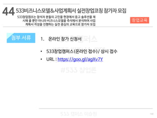 133
533 캠퍼스
#533 비즈니스 모델
#533 사업계획서
#533 창업론
533 캠퍼스 이승원
첨부 서류 1. 온라인 참가 신청서
• 533창업캠퍼스(온라인 접수)/ 상시 접수
• URL : https://goo.gl/agXv7Y
첨부 서류
44
창업교육
533비즈니스모델&사업계획서실전창업코칭참가자모집
533창업캠프는 참석자 분들의 고민을 현장에서 듣고 솔루션을 제
시해 줄 뿐만 아니라 비즈니스모델을 즉석에서 분석하여 사업
계획서 작성을 진행하는 실전 중심의 교육으로 참가자 모집
 