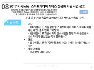 24
533 캠퍼스
#533 비즈니스 모델
#533 사업계획서
#533 창업론
533 캠퍼스 이승원
2017 K-Global 스마트미디어 서비스 상용화 지원 사업 공고
2017년도 방송통신발전기금운용계획에 따라 한국방송통신전파
진흥원 2017 K-Global 스마트미디어 서비스 상용화 지원 사업
을 다음과 같이 공고하오니, 많은 관심과 신청을 바랍니다.
지원 규모지원 규모
[분야 2] 신기술 융합형 스마트미디어 서비스 상용화 지원
• 대상
- (IT개발사) 신기술 융합형 스마트미디어 서비스 아이디어를
가진 개인, 중소 벤처 IT개발사
- (플랫폼사) IT개발사와의 컨소시엄을 통한 자사 플랫폼 서
비스 확대에 관심있는 국내 플랫폼ㅅ7
• 규모
- 총 7억원, (건 당 7천만원내외, 10건 이내), 전액 IT개발사
지원
• 자부담 비율
- IT개발사 20% 이상
08
사업화
 