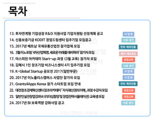 3
533 캠퍼스
#533 비즈니스 모델
#533 사업계획서
#533 창업론
533 캠퍼스 이승원
목차
13. 투자연계형 기업성장 R&D 지원사업 기업지원팀 선정계획 공고
14. 신용보증기금 KODIT 창업드림센터 입주기업 모집공고
15. 2017년 베트남 국제유통산업전 참가업체 모집
16. 3월이노포럼'4차산업혁명,새로운미래를대비하라'참가자모집
17. 아스피린 아카데미 Start-up 과정 (3월 교육) 참가자 모집
18. 김해시 1인 창조기업 비즈니스센터 4기 입주기업 모집
19. K-Global Startup 공모전 2017(일반부문)
20. 2017년 이노폴리스캠퍼스 사업단 참가자 모집
21. Grants4Apps Korea 참가 스타트업 모집 안내
22. 대전창조경제혁신센터창조아카데미「지식재산권의이해」과정수강자모집
23. 일반인실전창업강좌Ⅵ(리더십함양및창업전략시뮬레이션)교육생모집
24. 2017년 BI 보육역량 강화사업 공고
시설·공간
사 업 화
사 업 화
시설·공간
창업교육
시설·공간
행사·네트워크
사 업 화
판로·해외진출
판로·해외진출
창업교육
창업교육
 