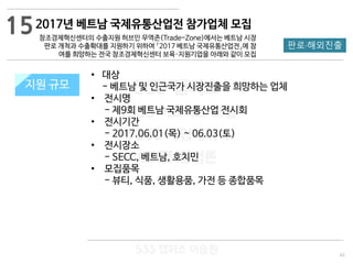 43
판로·해외진출
533 캠퍼스
#533 비즈니스 모델
#533 사업계획서
#533 창업론
533 캠퍼스 이승원
2017년 베트남 국제유통산업전 참가업체 모집
창조경제혁신센터의 수출지원 허브인 무역존(Trade-Zone)에서는 베트남 시장
판로 개척과 수출확대를 지원하기 위하여 「2017 베트남 국제유통산업전」에 참
여를 희망하는 전국 창조경제혁신센터 보육·지원기업을 아래와 같이 모집
지원 규모지원 규모
• 대상
- 베트남 및 인근국가 시장진출을 희망하는 업체
• 전시명
- 제9회 베트남 국제유통산업 전시회
• 전시기간
- 2017.06.01(목) ~ 06.03(토)
• 전시장소
- SECC, 베트남, 호치민
• 모집품목
- 뷰티, 식품, 생활용품, 가전 등 종합품목
15
 