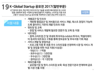 54
533 캠퍼스
#533 비즈니스 모델
#533 사업계획서
#533 창업론
533 캠퍼스 이승원
ICT분야의 창의, 혁신적인 아이디어 및 기술을 보유한 예비창업자 및 스타트
업을 선발하여 창업·사업화 및 해외진출까지 지원하는 스타트업 지원 프로
그램 K-Global Startup 공모전을 개최하오니 많은 관심 부탁 드립니다.
지원 규모지원 내용
• 개별공간 및 인프라
- 개방형 협업공간 및 저비용으로 서비스 개발, 테스트 창업이 가능하
도록 클라우드 기반의 개발 인프라 지원
• 멘토링 및 교육
- 창업 및 서비스 개발에 필요한 전문가 및 교육 등 지원
• 네트워킹
- 참여 스타트업 간 및 국내외 투자자&mdidot;투자사, 액셀러레이
터 등과의 네트워크 구축을 통해 정보공유 및 후속지원 기회 제공
• 서비스개발 및 창업자금
- 프로그램 지원 후 최종 우수 스타트업을 선정하여 시장 및 서비스 개
발 및 창업을 위한 자금 지원(시상금)
· 대상(1) : 1억원
· 최우수상(1) : 5천만원
· 우수상(1) : 3천만원
· 장려상(2) : 각 1천만원
• 해외진출지원
- 글로벌기업 및 현지 스타트업 보육·육성 전문기관과 연계하여 글로
벌 시장 진출 지원
19
사업화
K-Global Startup 공모전 2017(일반부문)
 
