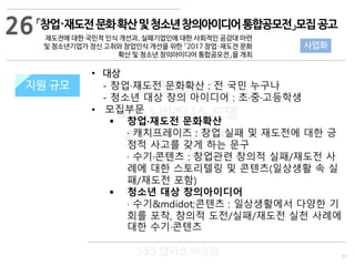 77
533 캠퍼스
#533 비즈니스 모델
#533 사업계획서
#533 창업론
533 캠퍼스 이승원
「창업·재도전문화확산및청소년창의아이디어통합공모전」모집공고
재도전에 대한 국민적 인식 개선과, 실패기업인에 대한 사회적인 공감대 마련
및 청소년기업가 정신 고취와 창업인식 개선을 위한 「2017 창업·재도전 문화
확산 및 청소년 창의아이디어 통합공모전」을 개최
지원 규모지원 규모
• 대상
- 창업·재도전 문화확산 : 전 국민 누구나
- 청소년 대상 창의 아이디어 : 초·중·고등학생
• 모집부문
 창업·재도전 문화확산
· 캐치프레이즈 : 창업 실패 및 재도전에 대한 긍
정적 사고를 갖게 하는 문구
· 수기·콘텐츠 : 창업관련 창의적 실패/재도전 사
례에 대한 스토리텔링 및 콘텐츠(일상생활 속 실
패/재도전 포함)
 청소년 대상 창의아이디어
· 수기&mdidot;콘텐츠 : 일상생활에서 다양한 기
회를 포착, 창의적 도전/실패/재도전 실천 사례에
대한 수기·콘텐츠
26
사업화
 