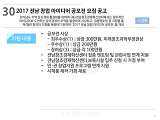 91
533 캠퍼스
#533 비즈니스 모델
#533 사업계획서
#533 창업론
533 캠퍼스 이승원
지원 규모지원 내용
• 공모전 시상
- 최우수상(1) : 상금 300만원, 미래창조과학부장관상
- 우수상(1) : 상금 200만원
- 장려상(3) : 상금 각 100만원
• 전남창조경제혁신센터 집중 멘토링 및 관련사업 연계 지원
• 전남창조경제혁신센터 보육시설 입주 신청 시 가점 부여
• 민·관 창업지원 프로그램 연계 지원
• 시제품 제작 기회 제공
30
사업화
2017 전남 창업 아이디어 공모전 모집 공고
전라남도 지역 창조경제 활성화를 위하여 (재)전남창조경제혁신센터에서는 창의적인
아이디어로 도전하는 창조경제의 주역을 발굴하여 시상하고, 집중멘토링 등 지원을 통
해 열린 창작의 기회를 제공하기 위하여 『2017 전남 창업 아이디어 공모전』을 개최
 