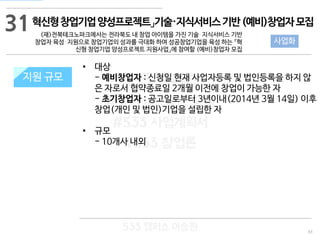 93
533 캠퍼스
#533 비즈니스 모델
#533 사업계획서
#533 창업론
533 캠퍼스 이승원
혁신형창업기업양성프로젝트」기술·지식서비스기반(예비)창업자모집
(재)전북테크노파크에서는 전라북도 내 창업 아이템을 가진 기술⋅지식서비스 기반
창업자 육성⋅지원으로 창업기업의 성과를 극대화 하여 성공창업기업을 육성 하는 『혁
신형 창업기업 양성프로젝트 지원사업』에 참여할 (예비)창업자 모집
지원 규모지원 규모
• 대상
- 예비창업자 : 신청일 현재 사업자등록 및 법인등록을 하지 않
은 자로서 협약종료일 2개월 이전에 창업이 가능한 자
- 초기창업자 : 공고일로부터 3년이내(2014년 3월 14일) 이후
창업(개인 및 법인)기업을 설립한 자
• 규모
- 10개사 내외
31
사업화
 