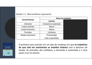 O primeiro caso consiste em um tipo de mudança em que as trajetórias
do que está em movimento se mantêm estáveis com o decorrer do
tempo. As previsões são conﬁáveis, a demanda é sustentada e o foco
passa a ser no volume.
 