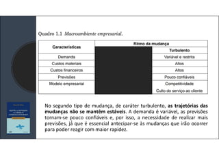 No segundo tipo de mudança, de caráter turbulento, as trajetórias das
mudanças não se mantêm estáveis. A demanda é variável, as previsões
tornam-se pouco conﬁáveis e, por isso, a necessidade de realizar mais
previsões, já́ que é essencial antecipar-se às mudanças que irão ocorrer
para poder reagir com maior rapidez.
 