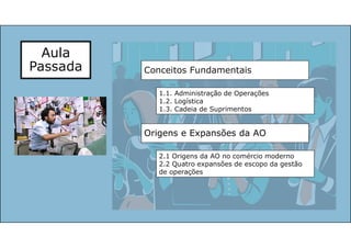 Aula
Passada Conceitos Fundamentais
Origens e Expansões da AO
1.1. Administração de Operações
1.2. Logística
1.3. Cadeia de Suprimentos
2.1 Origens da AO no comércio moderno
2.2 Quatro expansões de escopo da gestão
de operações
 