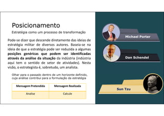 Posicionamento
Estratégia como um processo de transformação
Pode-se dizer que descende diretamente das ideias de
estratégia militar de diversos autores. Baseia-se na
ideia de que a estratégia pode ser reduzida a algumas
posições genéricas que podem ser identificadas
através da análise da situação da indústria (indústria
aqui tem o sentido de setor de atividades). Nesta
visão, o estrategista é, sobretudo, um analista.
Dan Schendel
Michael Porter
Sun Tzu
Mensagem Pretendida Mensagem Realizada
Analise Calcule
Olhar para o passado dentro de um horizonte definido,
cuja análise contribui para a formulação da estratégia
 