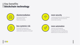 Key benefits
blockchain technology
increased transparency
improved risk diversification
automated regulatory oversight
less systemic risk
internal record keeping
documentation processing
multiparty process compatibility
M2M and AI on the internet (IoT)
more automation
cryptographically secured/validated
accountability and provenance
ownership tracking
more security
increased efficiency
decreased costs
faster processing
disintermediation
 