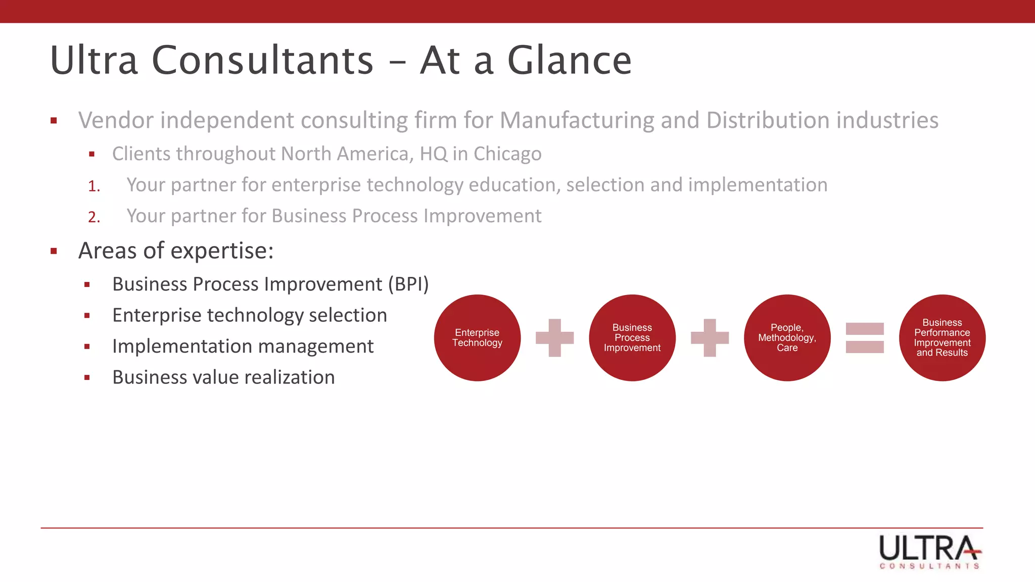 Ultra Consultants – At a Glance
 Vendor independent consulting firm for Manufacturing and Distribution industries
 Clients throughout North America, HQ in Chicago
1. Your partner for enterprise technology education, selection and implementation
2. Your partner for Business Process Improvement
 Areas of expertise:
 Business Process Improvement (BPI)
 Enterprise technology selection
 Implementation management
 Business value realization
Enterprise
Technology
Business
Process
Improvement
People,
Methodology,
Care
Business
Performance
Improvement
and Results
 