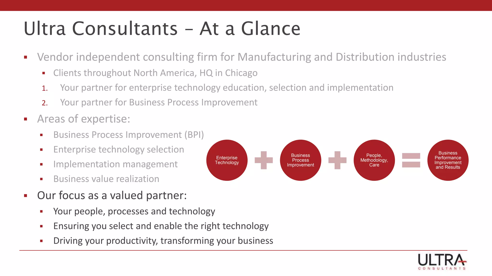 Ultra Consultants – At a Glance
 Vendor independent consulting firm for Manufacturing and Distribution industries
 Clients throughout North America, HQ in Chicago
1. Your partner for enterprise technology education, selection and implementation
2. Your partner for Business Process Improvement
 Areas of expertise:
 Business Process Improvement (BPI)
 Enterprise technology selection
 Implementation management
 Business value realization
 Our focus as a valued partner:
 Your people, processes and technology
 Ensuring you select and enable the right technology
 Driving your productivity, transforming your business
Enterprise
Technology
Business
Process
Improvement
People,
Methodology,
Care
Business
Performance
Improvement
and Results
 