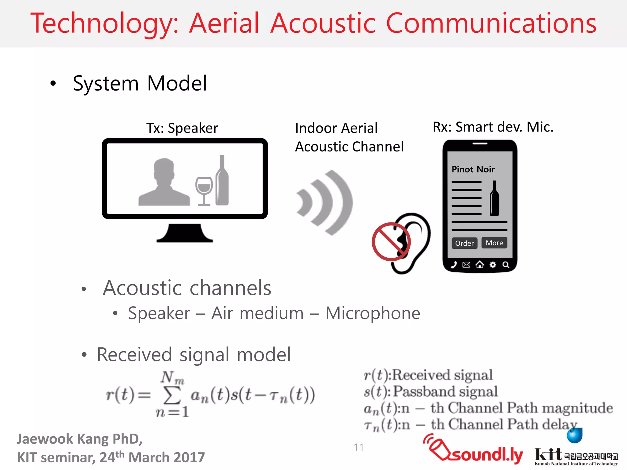 Jaewook	Kang	PhD,	
KIT	seminar,	24th March	2017
Technology: Aerial Acoustic Communications
• System Model
• Acoustic channels
• Speaker – Air medium – Microphone
• Received signal model
11
Pinot Noir
Order More
Tx:	Speaker Indoor	Aerial	
Acoustic	Channel
Rx:	Smart	dev.	Mic.
 
