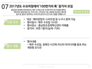 19
작성자 이승원
2017년도 수요피칭데이‘100번가의 톡’ 참가자 모집
충남창조경제혁신센터에서는 매주 수요일 오후 4시에 아이디어 피칭을 원하는
제안자와 창업지원기관, 투자기관, 스타트업 기업, 창업에 관심있는 예비창
업자 등 일반이 참여하는 아이디어 공개 오디션 프로그램을 진행합니다.
• 행사내용
- 매주 수요일, 정해진 시간에 자신의 아이디어를 발표 하는
개방형 오디션
• 대상 : 예비창업자·스타트업 등 누구나 참여 가능
• 행사일시 : 매주 수요일 16:00
• 행사장소 : 충남창조경제혁신센터 카페룸
• 참가비 : 라면 1봉지(낱개-기부)
07
멘토링·컨설팅
지원 규모
행사 내용
 