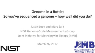 Genome in a Bottle:
So you’ve sequenced a genome – how well did you do?
Justin Zook and Marc Salit
NIST Genome-Scale Measurements Group
Joint Initiative for Metrology in Biology (JIMB)
March 26, 2017
 