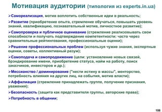 106
Мотивация аудитории (типология из experts.in.ua)
Самореализация, мотив воплотить собственные идеи в реальность;
Развитие (приобретение опыта, стремление обучаться, повышать уровень
знаний, квалификацию, познавательный мотив, личностное развитие);
Самопроверка и публичное оценивание (стремление реализовывать свои
способности и получать подтверждение компетентности: часто через
сравнительные рейтингования, профессиональные оценки);
Решение профессиональных проблем (используя чужие знания, экспертные
оценки, советы, коллективный разум);
Самоподача и самопродвижение (цели: установление новых связей,
брэндирование имени, приобретение статуса, найм на работу, поиск
заказчиков, инвесторов и др.);
Мессианство / доминирование ("нести истину в массы", менторство,
потребность влияния на других лиц, на события, мотив власти);
Аффилиация (стремление принадлежать группе, получение признания,
уважения);
Безопасность (защита как представителя группы, авторские права);
Потребность в общении;
 