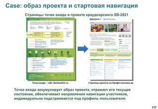 117
Case: образ проекта и стартовая навигация
Страницы точек входа в проекте краудсорсинга SB-2021
Точка входа аккумулирует образ проекта, отражает его текущее
состояние, обеспечивает направления навигации участников,
индивидуально подстраивается под профиль пользователя.
 