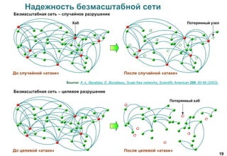 19
Надежность безмасштабной сети
Source: A.-L. Barabási, E. Bonabeau, Scale-free networks, Scientific American 288, 60-69 (2003).
 