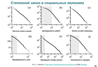 22
Степенной закон в социальных явлениях
Частота слов в языке Цитируемость работ Клики на веб страницы
Продаваемость книг Входящие телеф звонки Численность городов
M. E. J. Newman, Power laws, Pareto distributions and Zipf’s law (2006) Перевод
 