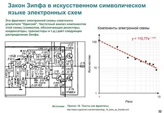 32
Закон Зипфа в искусственном символическом
языке электронных схем
http://www.cognitivist.ru/er/kernel/prologi_16_texts_as_fractals.xml
Источник: Пролог 16. Тексты как фракталы
Это фрагмент электронной схемы советского
усилителя "Одиссей". Частотный анализ компонентов
этой схемы (символов, обозначающих резисторы,
конденсаторы, транзисторы и т.д.) даёт следующее
распределение Зипфа.
 