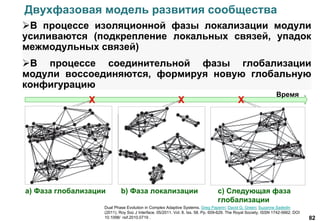 82
Двухфазовая модель развития сообщества
a) Фаза глобализации b) Фаза локализации c) Следующая фаза
глобализации
Dual Phase Evolution in Complex Adaptive Systems. Greg Paperin; David G. Green; Suzanne Sadedin
(2011). Roy Soc J Interface. 05/2011. Vol. 8. Iss. 58. Pp. 609-629. The Royal Society. ISSN 1742-5662. DOI
10.1098/​rsif.2010.0719 .
В процессе изоляционной фазы локализации модули
усиливаются (подкрепление локальных связей, упадок
межмодульных связей)
В процессе соединительной фазы глобализации
модули воссоединяются, формируя новую глобальную
конфигурацию
 