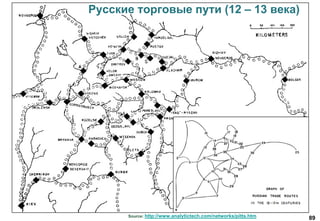 89
Российские реки = социальные сети
Русские торговые пути (12 – 13 века)
Source: http://www.analytictech.com/networks/pitts.htm
 