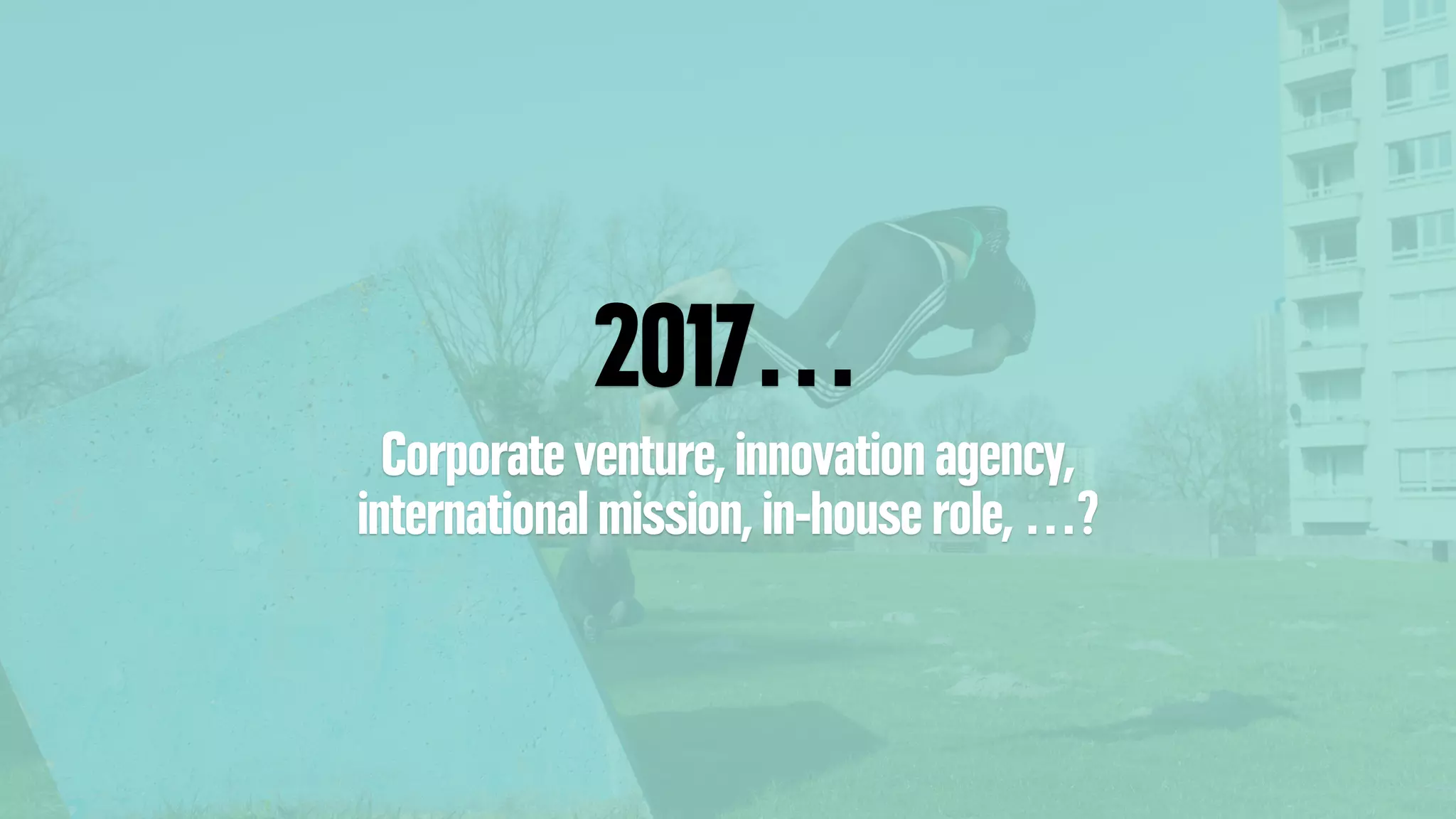 2017…
Corporate venture, innovation agency,
international mission, in-house role, …?
 
