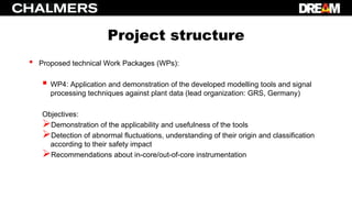 Project structure
• Proposed technical Work Packages (WPs):
 WP4: Application and demonstration of the developed modelling tools and signal
processing techniques against plant data (lead organization: GRS, Germany)
Objectives:
Demonstration of the applicability and usefulness of the tools
Detection of abnormal fluctuations, understanding of their origin and classification
according to their safety impact
Recommendations about in-core/out-of-core instrumentation
 