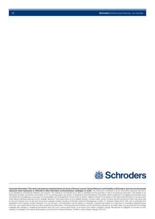 Schroders Infrastructure financing – an overview11
Important Information: The views and opinions contained herein are those of Duncan Lamont, Head of Research and Analytics at Schroders, and may not necessarily
represent views expressed or reflected in other Schroders communications, strategies or funds. This document is intended to be for information purposes only and it
is not intended as promotional material in any respect. The material is not intended as an offer or solicitation for the purchase or sale of any financial instrument. The material is not
intended to provide, and should not be relied on for, accounting, legal or tax advice, or investment recommendations. Information herein is believed to be reliable but Schroders does
not warrant its completeness or accuracy. No responsibility can be accepted for errors of fact or opinion. Reliance should not be placed on the views and information in the document
when taking individual investment and/or strategic decisions. Past performance is not a reliable indicator of future results, prices of shares and the income from them may fall as well
as rise and investors may not get back the amount originally invested. Issued by Schroder Investment Management Limited, 31, Gresham Street, EC2V 7QA, who is authorised and
regulated by the Financial Conduct Authority. For your security, communications may be taped or monitored. Forecasts are subject to a high level of uncertainty regarding future
economic, and market factors that may affect actual future performance. The forecasts are provided to you for information purposes as at today’s date. Our assumptions may change
materially with changes in underlying assumptions that may occur, among other things, as economic and market conditions change. We assume no obligation to provide you with
updates or changes to this data as assumptions, economic and market conditions, models or other matters change. RC61270
 