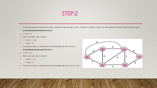 • In the previous table, we observe that vertex D contains the least cost path in step 1. Therefore, it is added in N. Now, we need to determine a least-cost path through D vertex.
• a) Calculating shortest path from A to B
1. v = B, w = D
2. D(B) = min( D(B) , D(D) + c(D,B) )
3. = min( 2, 1+2)>
4. = min( 2, 3)
5. The minimum value is 2. Therefore, the currently shortest path from A to B is 2.
• b) Calculating shortest path from A to C
1. v = C, w = D
2. D(B) = min( D(C) , D(D) + c(D,C) )
3. = min( 5, 1+3)
4. = min( 5, 4)
5. The minimum value is 4. Therefore, the currently shortest path from A to C is 4.</p>
 