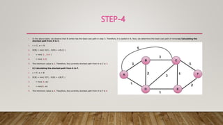 • In the above table, we observe that B vertex has the least cost path in step 3. Therefore, it is added in N. Now, we determine the least cost path of remaina) Calculating the
shortest path from A to C.
1. v = C, w = B
2. D(B) = min( D(C) , D(B) + c(B,C) )
3. = min( 3 , 2+3 )
4. = min( 3,5)
5. The minimum value is 3. Therefore, the currently shortest path from A to C is 3.
• b) Calculating the shortest path from A to F.
1. v = F, w = B
2. D(B) = min( D(F) , D(B) + c(B,F) )
3. = min( 4, ∞)
4. = min(4, ∞)
5. The minimum value is 4. Therefore, the currently shortest path from A to F is 4.
 
