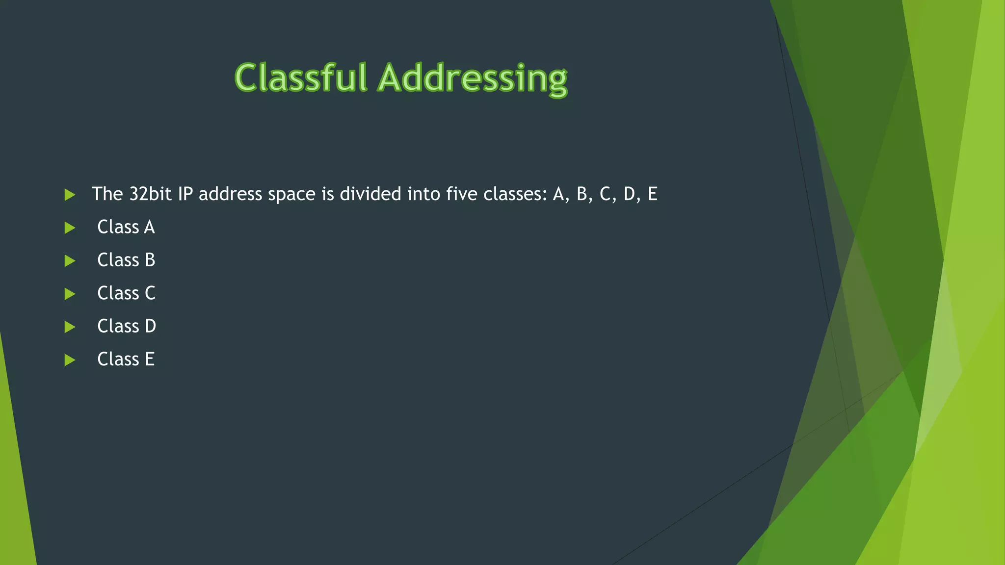  The 32bit IP address space is divided into five classes: A, B, C, D, E
 Class A
 Class B
 Class C
 Class D
 Class E
 