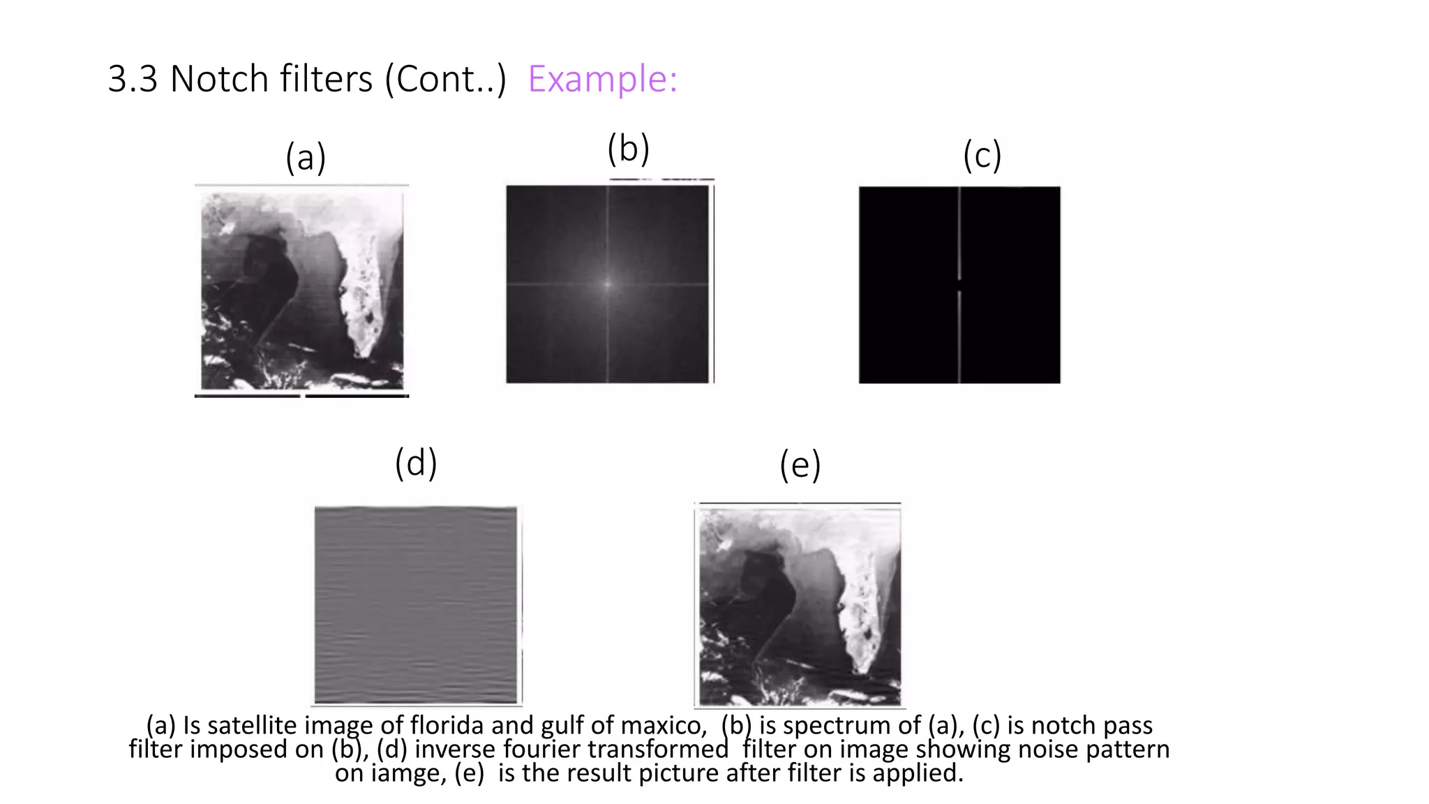 (a) Is satellite image of florida and gulf of maxico, (b) is spectrum of (a), (c) is notch pass
filter imposed on (b), (d) inverse fourier transformed filter on image showing noise pattern
on iamge, (e) is the result picture after filter is applied.
3.3 Notch filters (Cont..) Example:
(a)
(e)
(c)(b)
(d)
 
