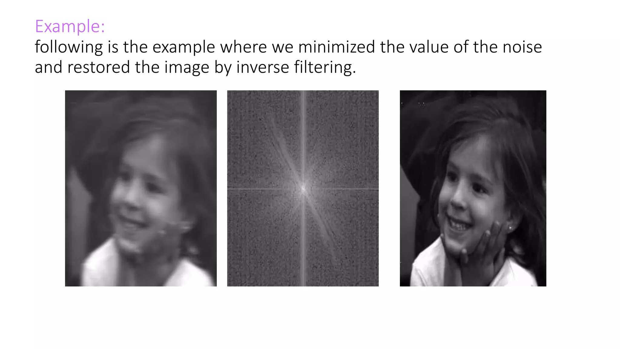 Example:
following is the example where we minimized the value of the noise
and restored the image by inverse filtering.
 