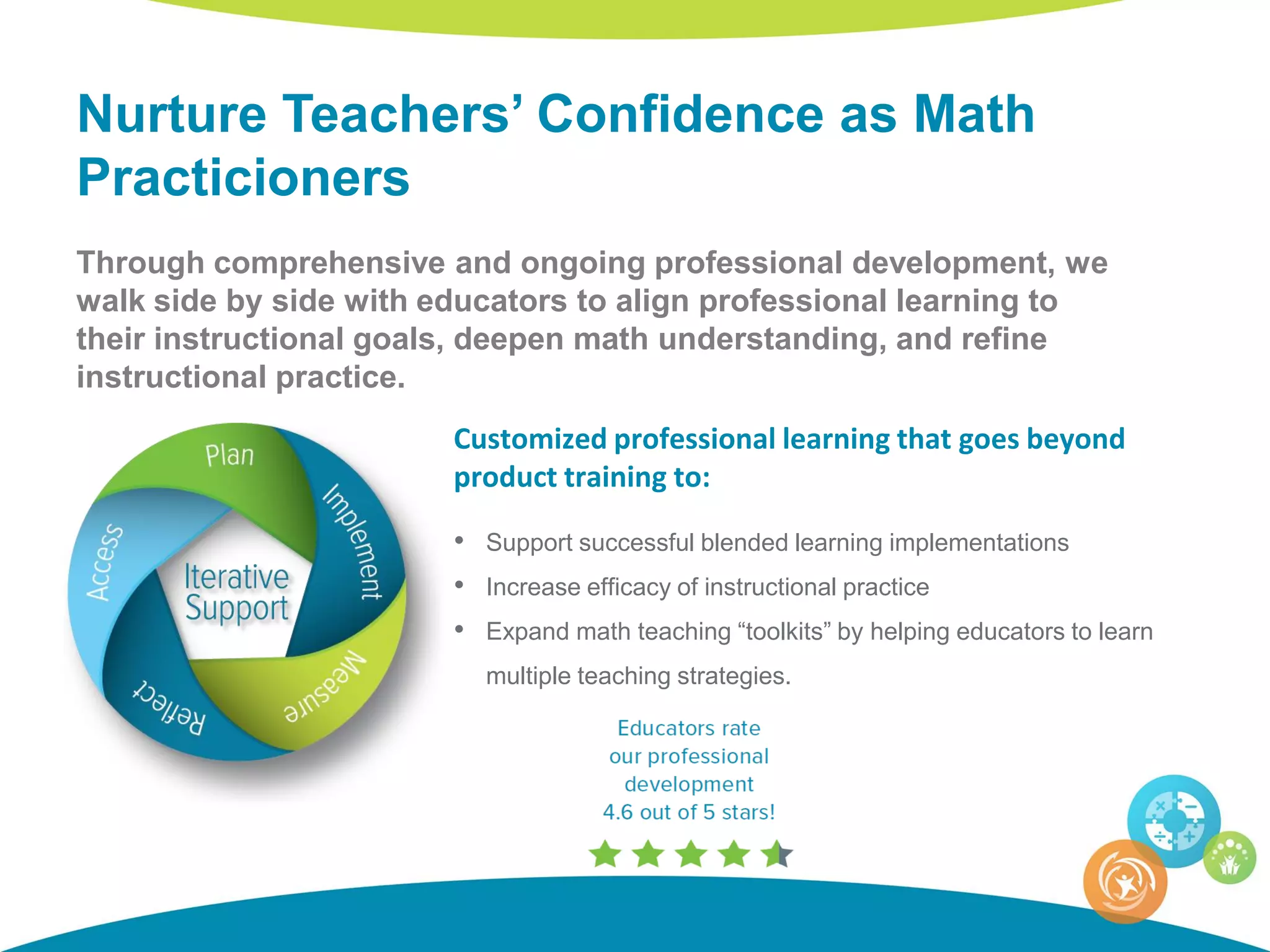 Nurture Teachers’ Confidence as Math
Practicioners
Through comprehensive and ongoing professional development, we
walk side by side with educators to align professional learning to
their instructional goals, deepen math understanding, and refine
instructional practice.
Customized professional learning that goes beyond
product training to:
• Support successful blended learning implementations
• Increase efficacy of instructional practice
• Expand math teaching “toolkits” by helping educators to learn
multiple teaching strategies.
 